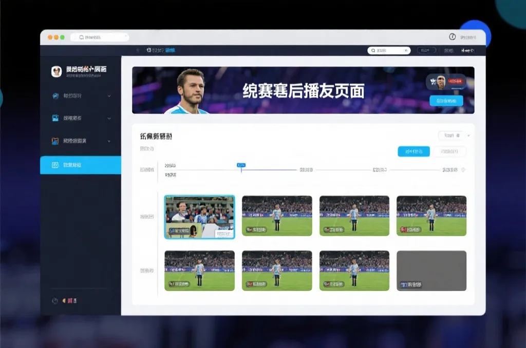 比赛结束后，电视屏幕展示集锦回放页面，旁边有时间轴和多角度切换提示